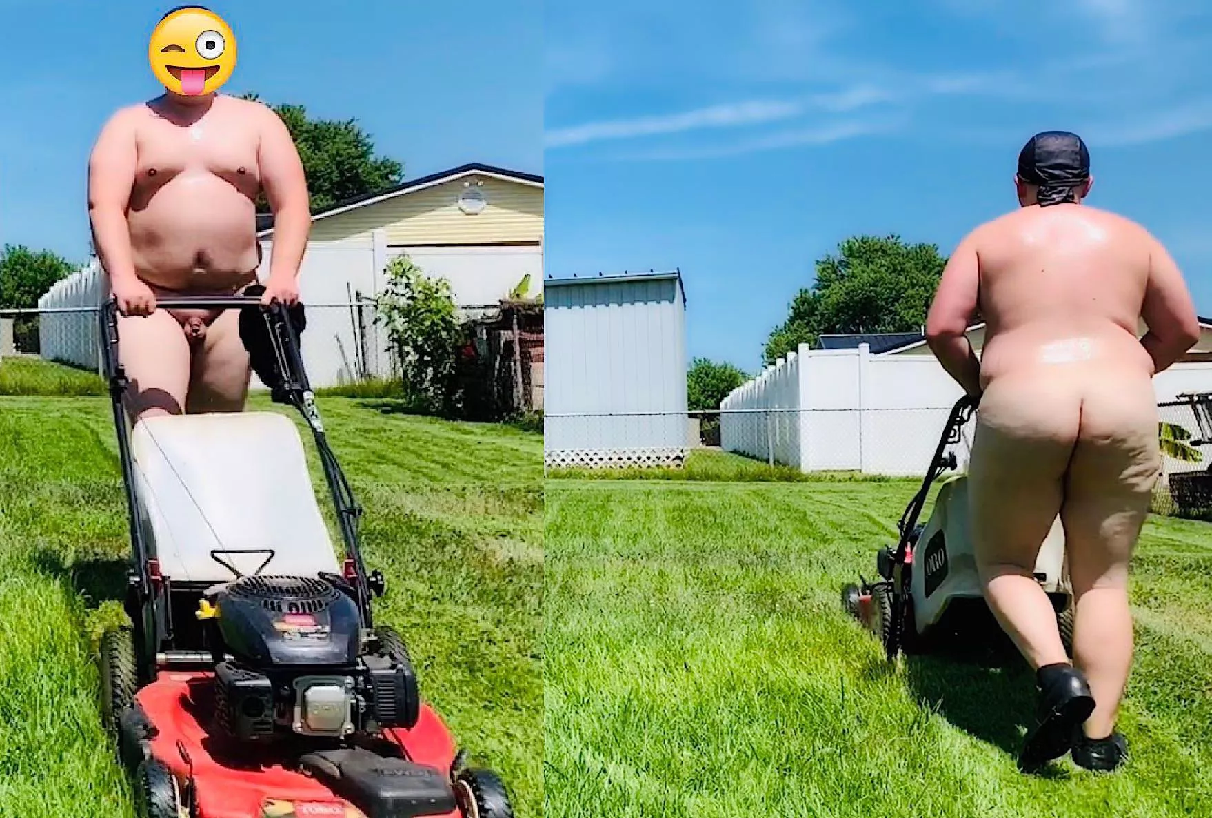 Mowing grass naked